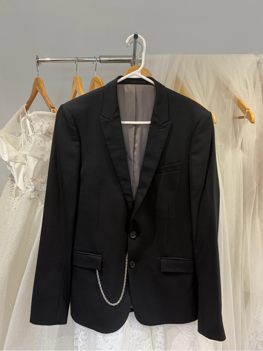 The Kooples Black Notch Lapel Tuxedo Blazer with Chain Detail
